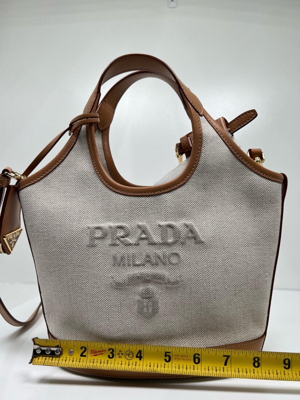 Prada Medium Canvas Leather Logo Tote Bag Natural Tan Crossbody Shoulder Italy - Picture 8 of 13